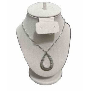 Silver-Tone 32” Necklace w. 1.5” Open Teardrop Pendant - Adjustable Up to 34”